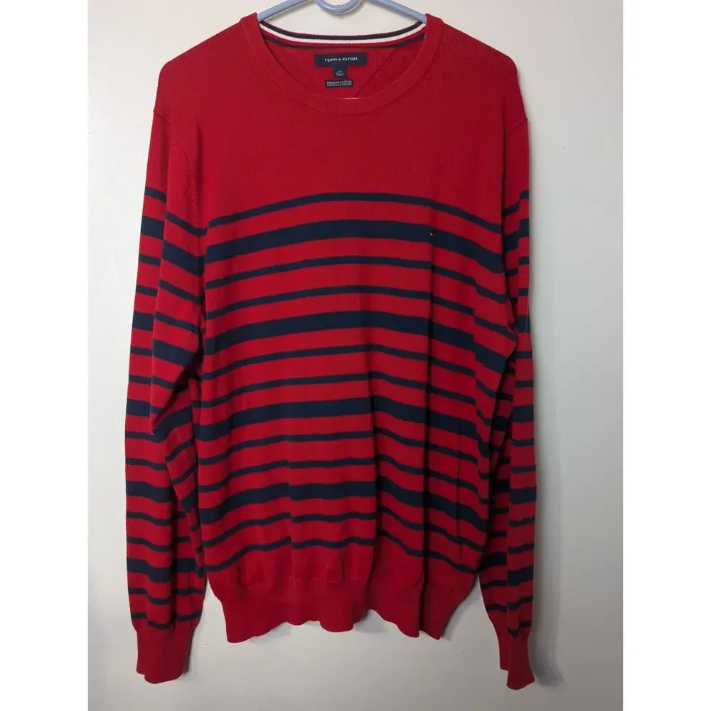 Tommy Hilfiger Size L Sweater Mens Red Navy Blue Stripe Cotton